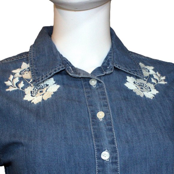 Draper James | Howdy Embroidered Chambray Button Down Blue Long Sleeve Shirt | 6 - Picture 7 of 13